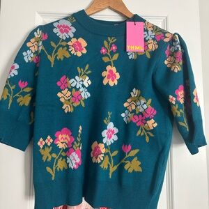 THML Teal Floral Crew Neck Sweater